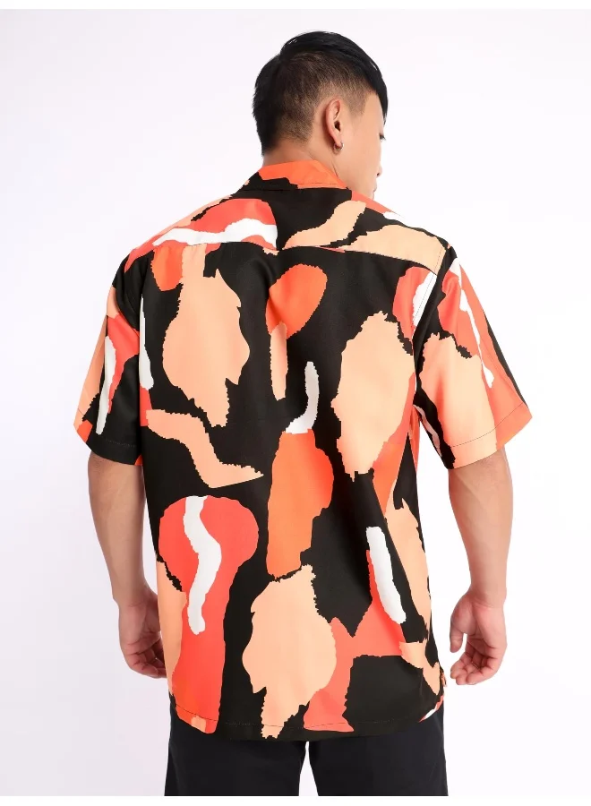 Beyoung Half Sleeve Orange Abstract Hawaiian Shirt for Men