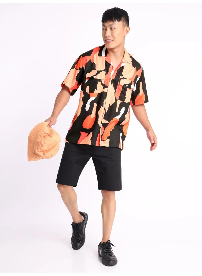 Beyoung Half Sleeve Orange Abstract Hawaiian Shirt for Men