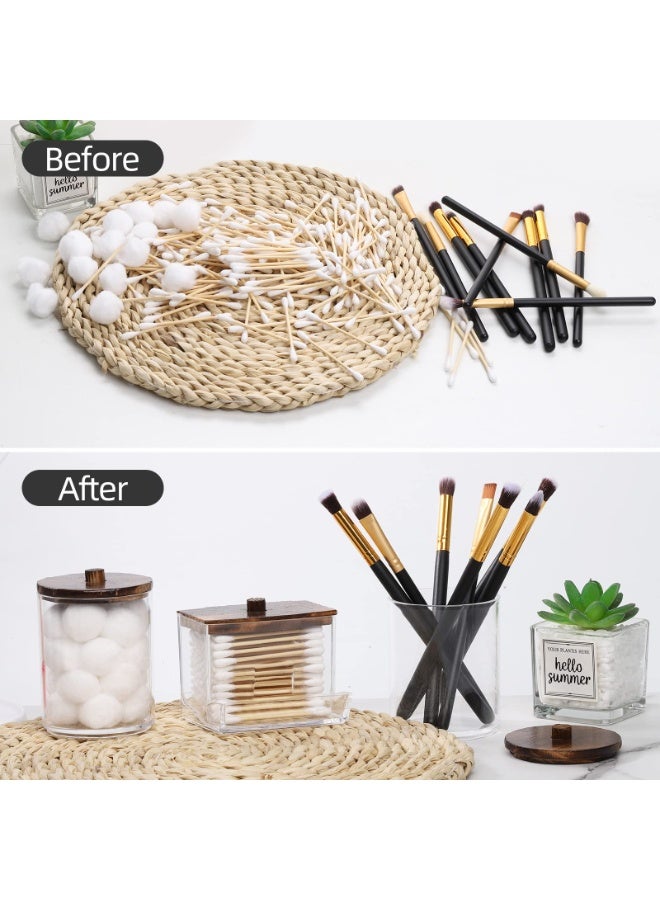 Stand Bathroom Container, Cotton Ball/Swab Storage Box - Makeup Remover Pad Organizer Canister For Bathroom Cosmetic Organization, Desktop Dispenser , Jar Storage Box with Brown Wooden Lid, Brown/Clear - Image 4