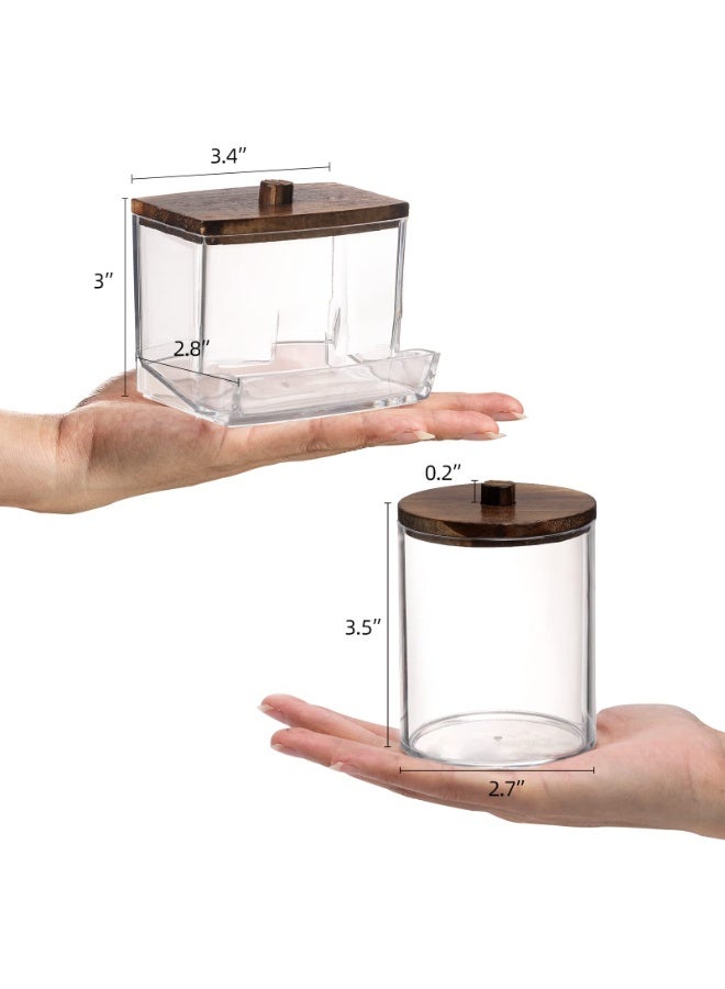 Stand Bathroom Container, Cotton Ball/Swab Storage Box - Makeup Remover Pad Organizer Canister For Bathroom Cosmetic Organization, Desktop Dispenser , Jar Storage Box with Brown Wooden Lid, Brown/Clear - Image 2