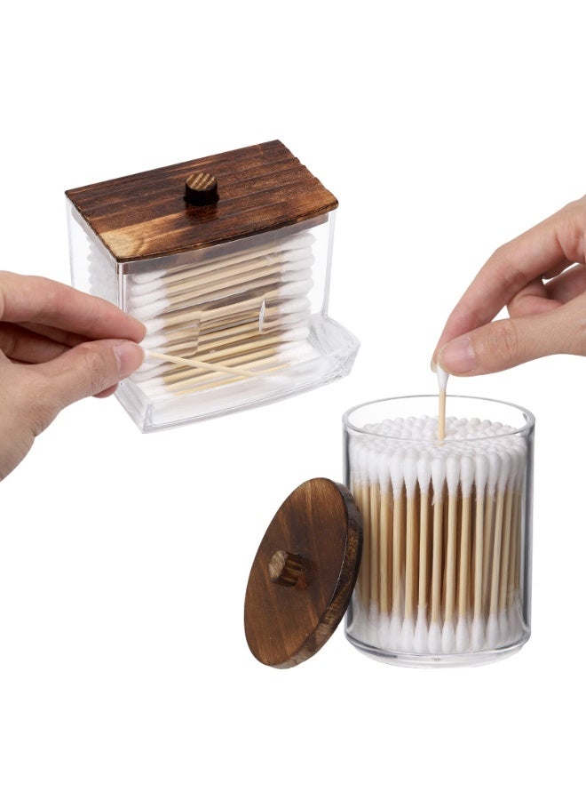 Stand Bathroom Container, Cotton Ball/Swab Storage Box - Makeup Remover Pad Organizer Canister For Bathroom Cosmetic Organization, Desktop Dispenser , Jar Storage Box with Brown Wooden Lid, Brown/Clear - Image 3