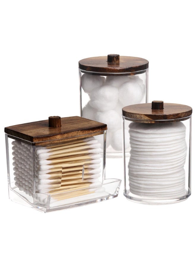 Stand Bathroom Container, Cotton Ball/Swab Storage Box - Makeup Remover Pad Organizer Canister For Bathroom Cosmetic Organization, Desktop Dispenser , Jar Storage Box with Brown Wooden Lid, Brown/Clear - Image 1