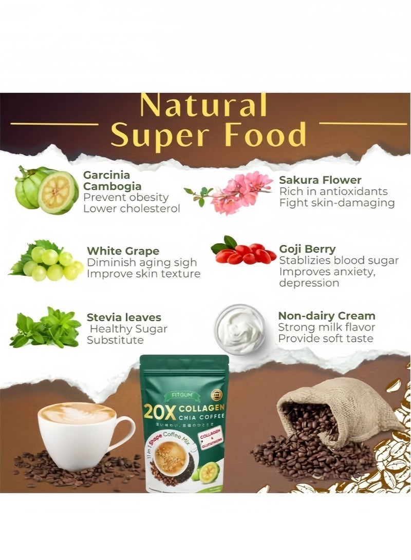 فيتجوم 20X قهوة الكولاجين والشيّا - 100% عضوي، مع الجلوتاثيون والفيتامينات من 8 فواكه، قهوة للتنحيف وإزالة السموم، كولاجين غلوتا بريميوم (12 غرام * 10 أكياس) - Image 3