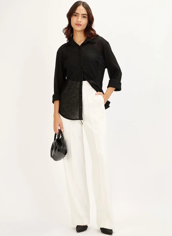 سولت اتاير SALT ATTIRE Women Semi Sheer Black Textured Casual Shirt