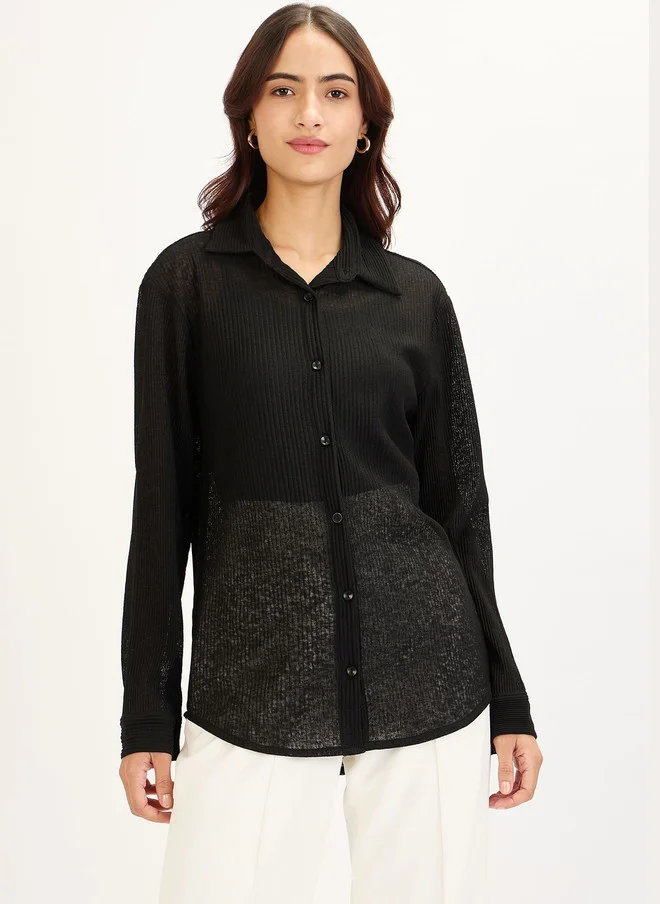 سولت اتاير SALT ATTIRE Women Semi Sheer Black Textured Casual Shirt