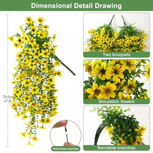 ZFProcess Artificial Hanging Flowers Plants for Outdoor Spring Summer Decoration, 2PCS Faux Silk Daisy UV Resistant Look Real for Outside Home Indoor Planter Porch Garden Yard Decor(Yellow) - Image 2