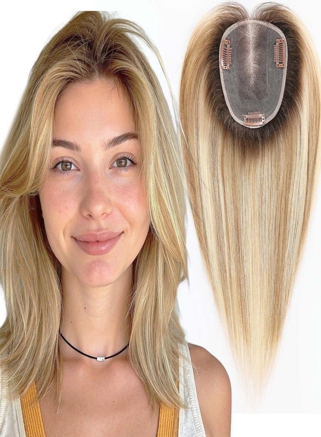 starluck Human Hair Topper for Women with Thinning Hair, 100% Real Human Hairpiece, 4.6 * 4 Inch Upgrade SilkHug Swiss Lace Base Hairpiece,14 Inch, No Bangs (Ombre Blonde) - Image 1