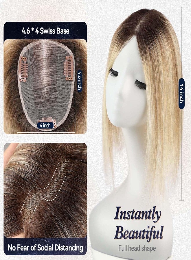 starluck Human Hair Topper for Women with Thinning Hair, 100% Real Human Hairpiece, 4.6 * 4 Inch Upgrade SilkHug Swiss Lace Base Hairpiece,14 Inch, No Bangs (Ombre Blonde) - Image 3