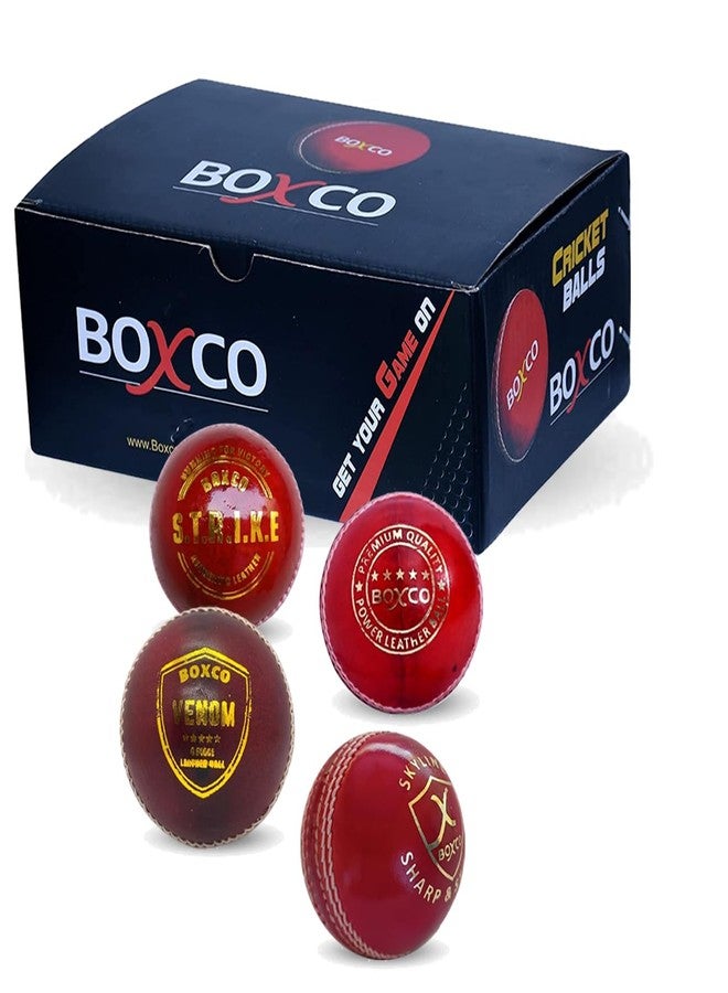 BOXCO Cricket Leather Ball Pack for All Format Cricket Matches Like Practice, Tournament, T20, One Day, Test Matches, Hand Stitched, 4 Variants - Strike, Power, Venom, Skyline (RED) - Image 1