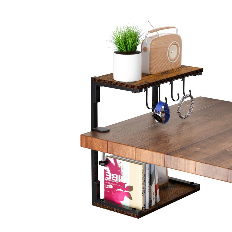 AUATRONNE Clamp-On Desk Organizer Shelf, 13 inch Adjustable Height and Versatile Hook, Above or Below Desk 2-Tier Shelving, Shelving for Table Accessories, Gaming Devices, and More - Image 1