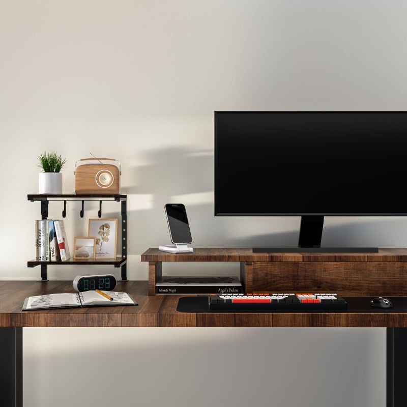 AUATRONNE Clamp-On Desk Organizer Shelf, 13 inch Adjustable Height and Versatile Hook, Above or Below Desk 2-Tier Shelving, Shelving for Table Accessories, Gaming Devices, and More - Image 5