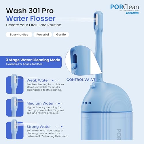 PORClean WASH301 Water Flosser for Teeth | 120 PSI Deep Cleaning, 3 Modes with 9 Adjustable Pressure Dental Flosser | Large 180ml Tank, 3 Tips | Oral Irrigator for Braces, Implants & Gum Care Flosser - Image 3