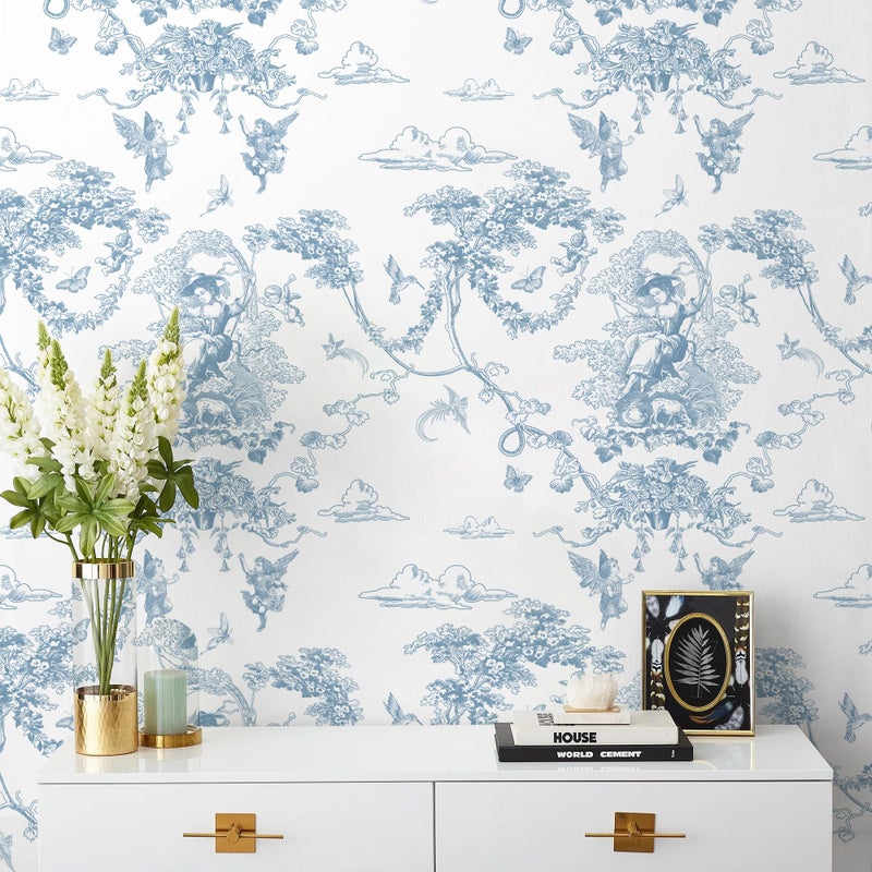 CiCiwind Peel and Stick Wallpaper Blue and White Toile Wallpaper Vintage Removable Waterproof Wall Paper for Bathroom Bedroom Living Room French Contact Paper for Cabinets Vinyl Rolls 17.3"Ã—78.7" - Image 1