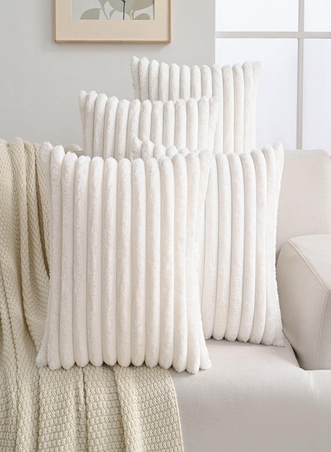 Volcanics Set of 4 Faux Fur Plush Decorative Throw Pillow Covers 18x18 Inch, Luxury Striped Cushion Cases Soft Fluffy Accent Pillowcases for Sofa, Couch and Bed, Cream White - Image 4