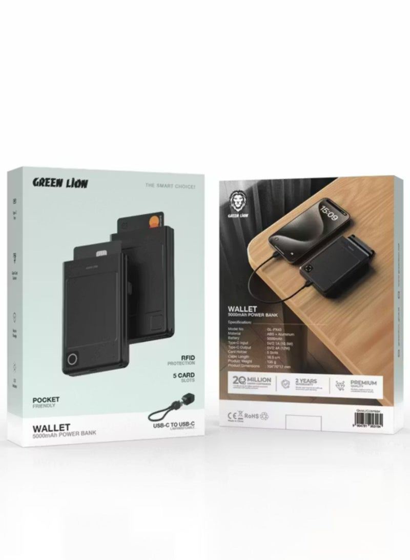 GREEN LION Wallet 5000mAh Power Bank with 16.5cm USB-C to USB-C Lanyard Cable, RFID Protection, 12W Type-C Output, 5 Card Holder Slots, Quick Card Ejection, LED Indicator - Black - Image 3