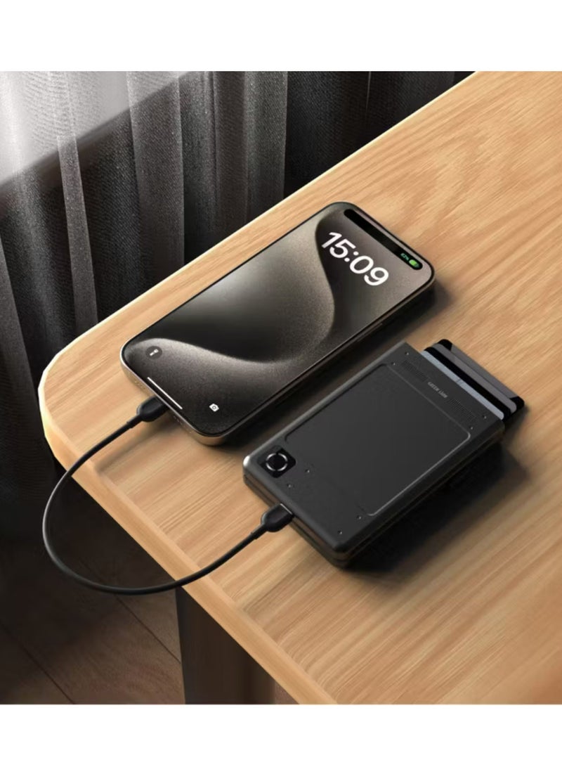 GREEN LION Wallet 5000mAh Power Bank with 16.5cm USB-C to USB-C Lanyard Cable, RFID Protection, 12W Type-C Output, 5 Card Holder Slots, Quick Card Ejection, LED Indicator - Black - Image 2
