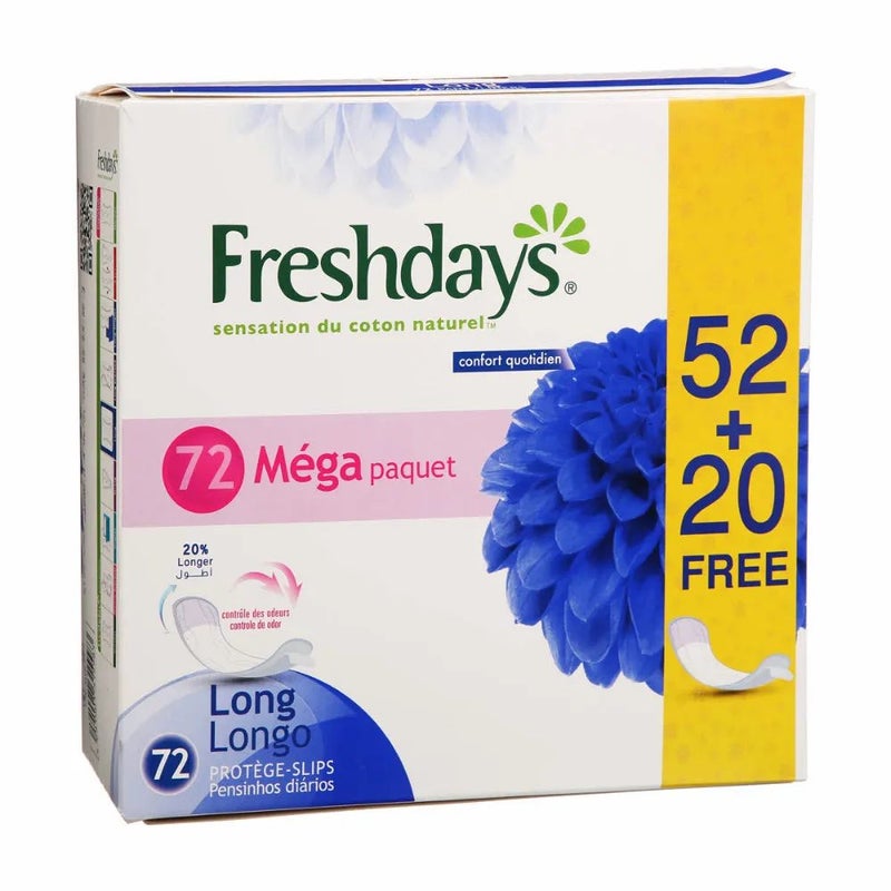Freshdays Natural Cotton Feel Everyday Comfort Pantyliners 20% Longer And Odor Control Mega Pack- 72 Pantyliners