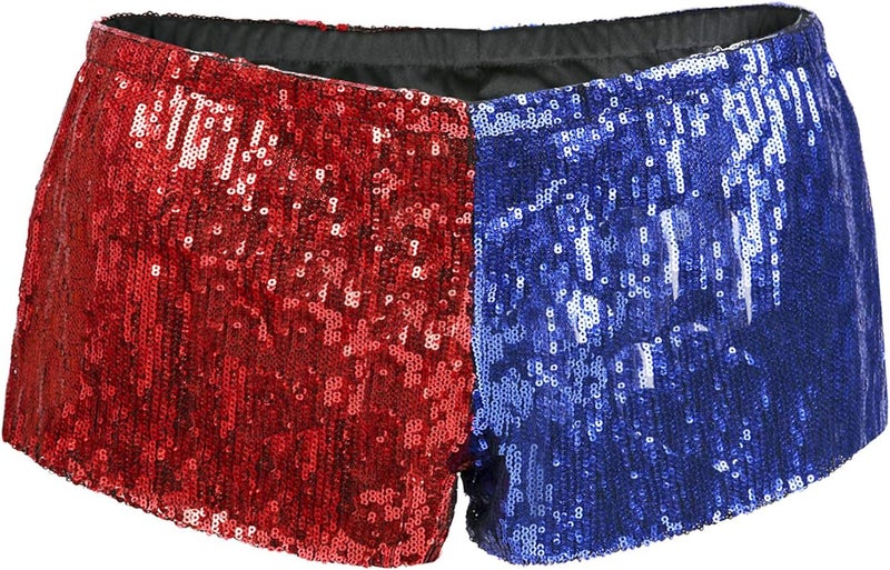HDE Women's Red and Blue Metallic Sequin Booty Shorts for Harley Misfit Halloween Costume - Image 4