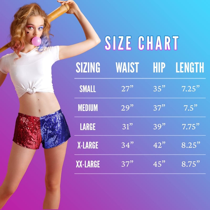 HDE Women's Red and Blue Metallic Sequin Booty Shorts for Harley Misfit Halloween Costume - Image 3