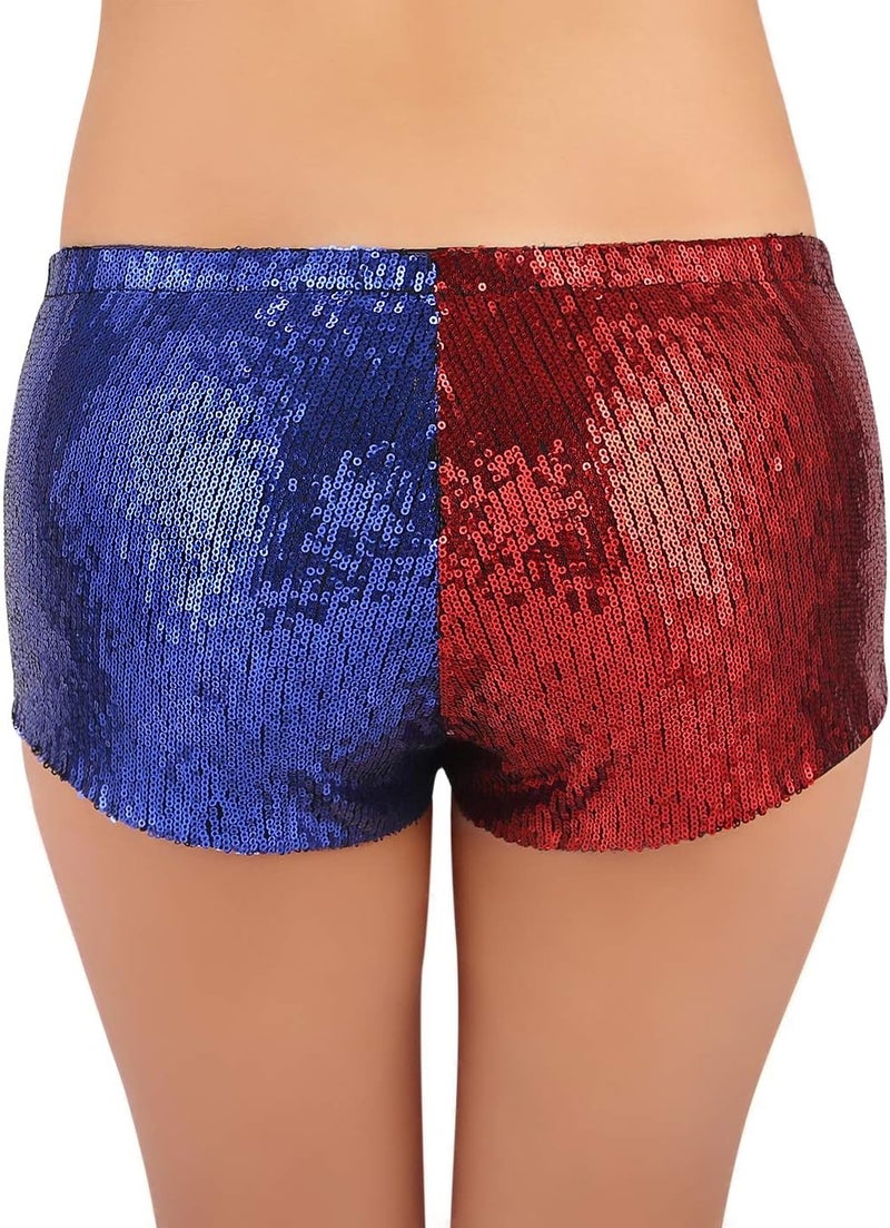 HDE Women's Red and Blue Metallic Sequin Booty Shorts for Harley Misfit Halloween Costume - Image 2