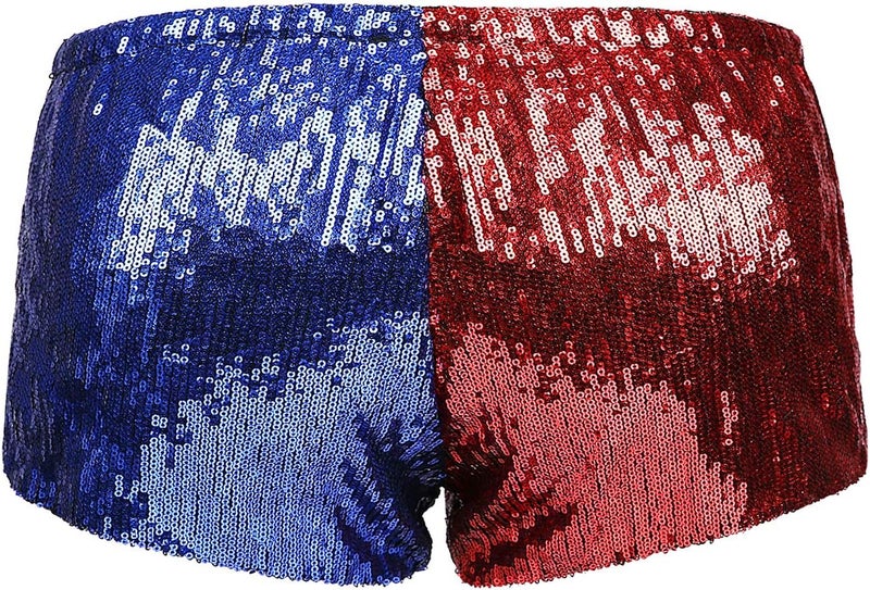 HDE Women's Red and Blue Metallic Sequin Booty Shorts for Harley Misfit Halloween Costume - Image 5