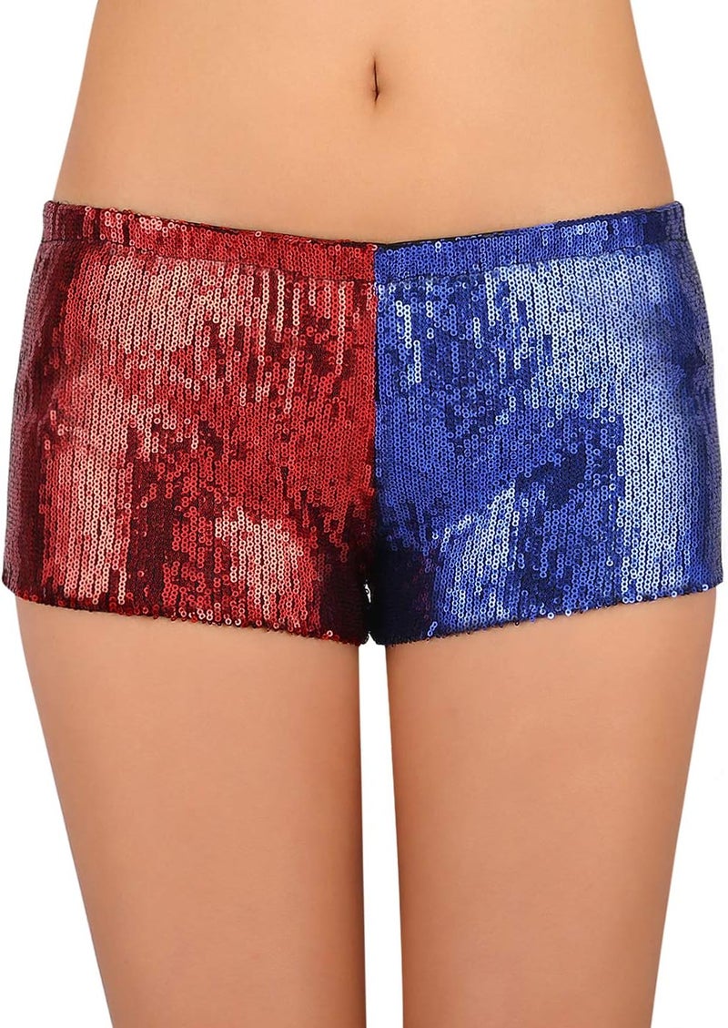 HDE Women's Red and Blue Metallic Sequin Booty Shorts for Harley Misfit Halloween Costume - Image 1