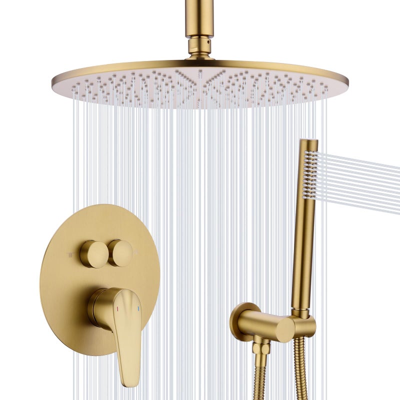 TRUSTMI 12 Inch Ceiling Mount Rain Shower System Complete 3in1 Set with Handheld Spray and PushButton Diverter cUPC Certified Pressure Balanced Valve All Solid Brass Brushed Gold - Image 2