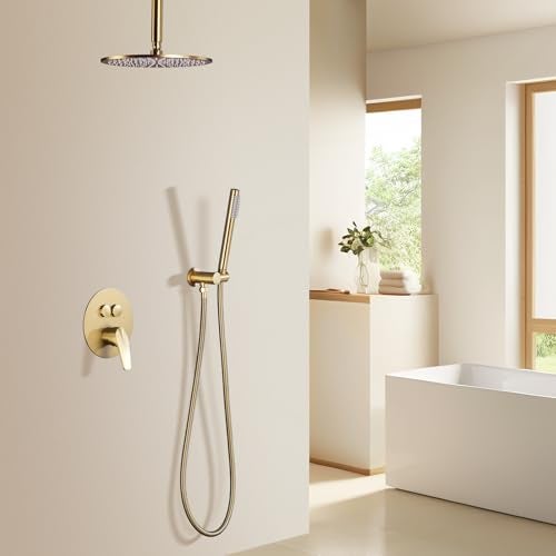 TRUSTMI 12 Inch Ceiling Mount Rain Shower System Complete 3in1 Set with Handheld Spray and PushButton Diverter cUPC Certified Pressure Balanced Valve All Solid Brass Brushed Gold - Image 3