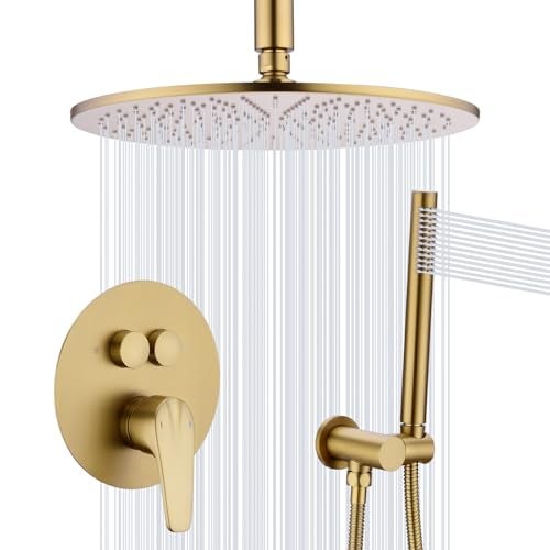 TRUSTMI 12 Inch Ceiling Mount Rain Shower System Complete 3in1 Set with Handheld Spray and PushButton Diverter cUPC Certified Pressure Balanced Valve All Solid Brass Brushed Gold - Image 1