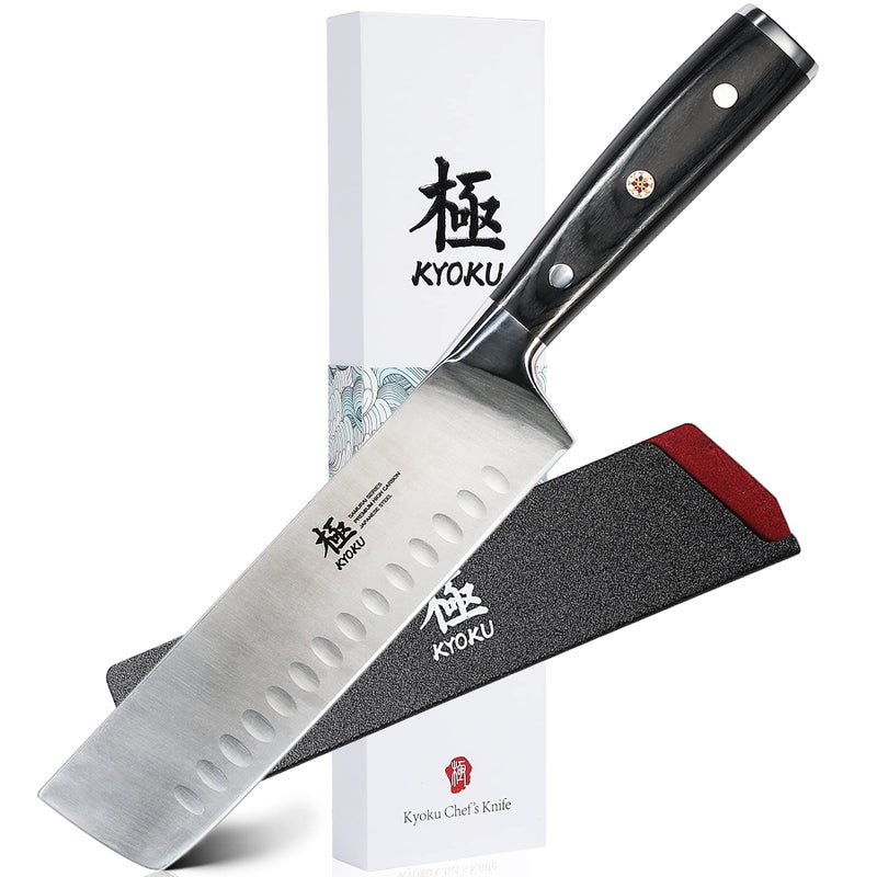 KYOKU Samurai Series  Nakiri Japanese Vegetable Knife 7  Full Tang  Japanese High Carbon Steel Kitchen Knives  Pakkawood Handle with Mosaic Pin  with Sheath  Case