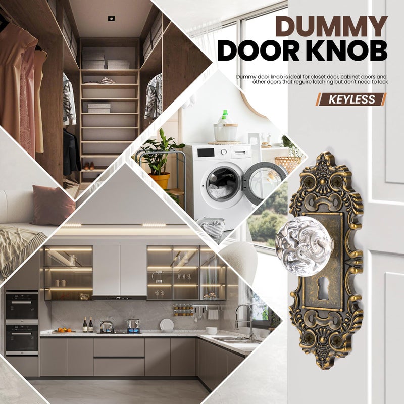 CEYMIO Vintage Dummy Door Knob Interior 2 Pack Crystal Glass Door Knobs Antique Bronze Cabinet Knobs Keyless Decorative Hallway Closet Door Pulls Dresser Handles - Image 2