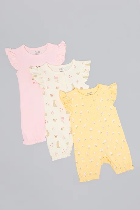 أر أند بي 3 Pack Printed Rompers with Flutter Sleeves