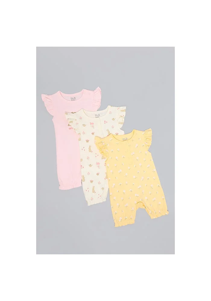 R&b 3 Pack Printed Rompers with Flutter Sleeves