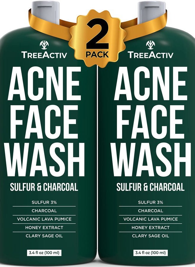 TreeActiv Acne Exfoliating Charcoal Face Wash for Pimple, Zit, Whitehead, Blackhead, Milia, Hormonal & Cystic Acne, Deep Pore Cleanser with Sulfur, Travel Sized Facial Treatment, 400+ Uses, 2-Pack - Image 1