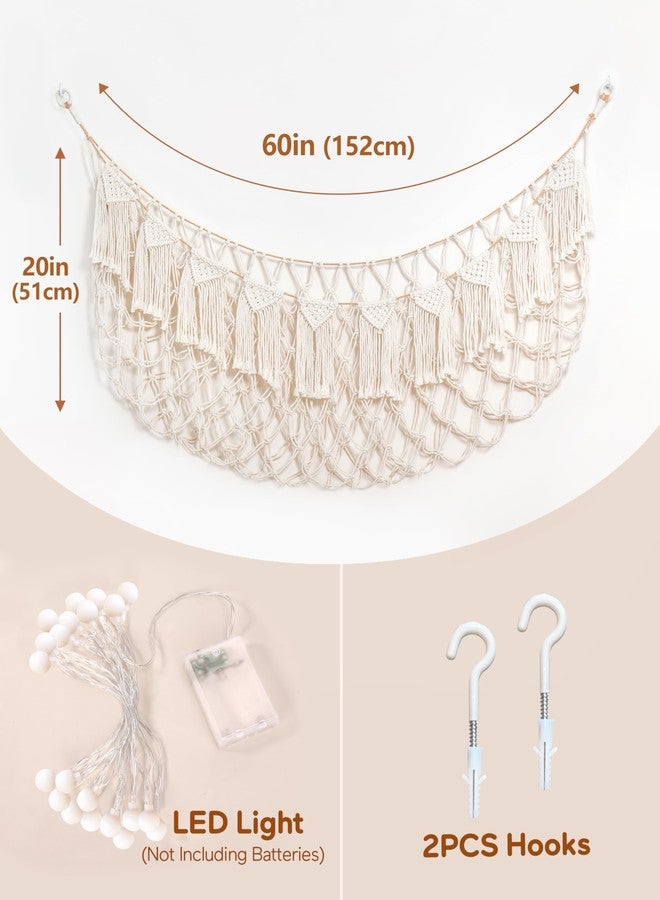 MORCCO Boho Macrame Stuffed Animal Hammock with LED Lights – Large Wall Hanging Plushie Net, Corner Toy Organizer for Kids Bedroom, Nursery, Playroom & Dorm (White XXL) - Image 4