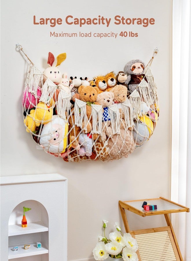 MORCCO Boho Macrame Stuffed Animal Hammock with LED Lights – Large Wall Hanging Plushie Net, Corner Toy Organizer for Kids Bedroom, Nursery, Playroom & Dorm (White XXL) - Image 2