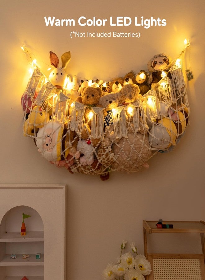 MORCCO Boho Macrame Stuffed Animal Hammock with LED Lights – Large Wall Hanging Plushie Net, Corner Toy Organizer for Kids Bedroom, Nursery, Playroom & Dorm (White XXL) - Image 3