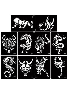 Kotbs 5 Sheets Henna Tattoo Stencil Kit Animals Pattern, 10pcs Large Tiger Dragon Wolf Eagle Scorpion Temporary Glitter Airbrush Tattoo Stencils Tattoo Stickers for Body Arm Leg Paint Body Art  - Image 1