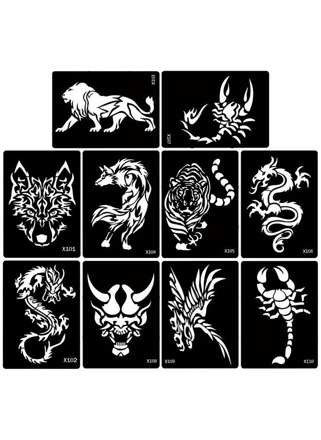 Kotbs - 5 Sheets Henna Tattoo Stencil Kit Animals Pattern, 10pcs Large Tiger Dragon Wolf Eagle Scorpion Temporary Glitter Airbrush Tattoo Stencils Tattoo Stickers for Body Arm Leg Paint Body Art - Image 1