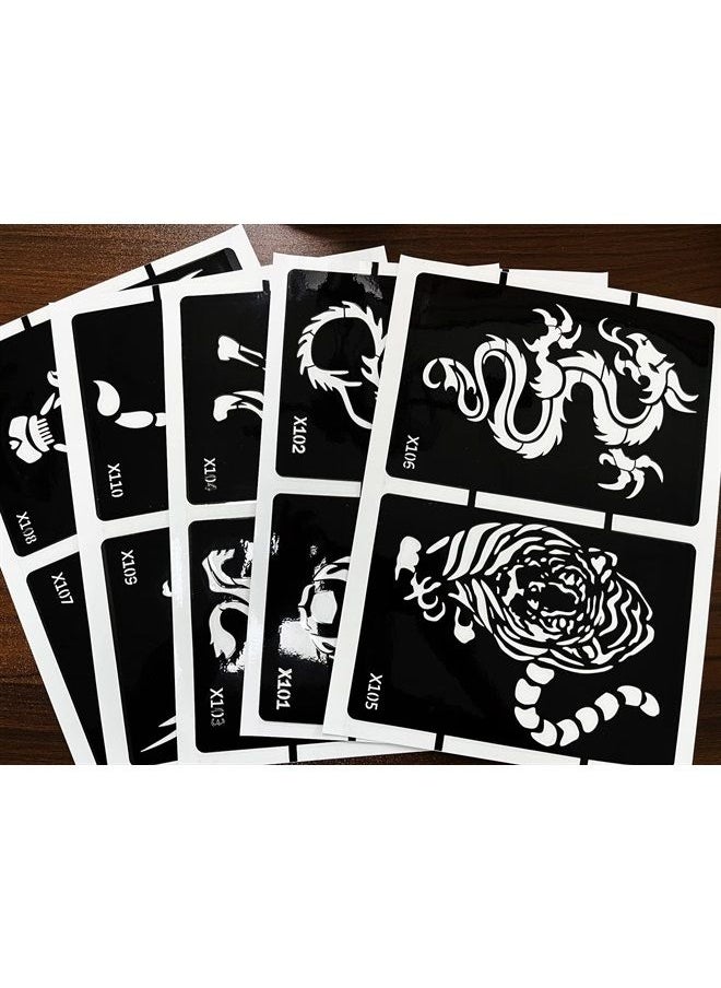 Kotbs - 5 Sheets Henna Tattoo Stencil Kit Animals Pattern, 10pcs Large Tiger Dragon Wolf Eagle Scorpion Temporary Glitter Airbrush Tattoo Stencils Tattoo Stickers for Body Arm Leg Paint Body Art - Image 1
