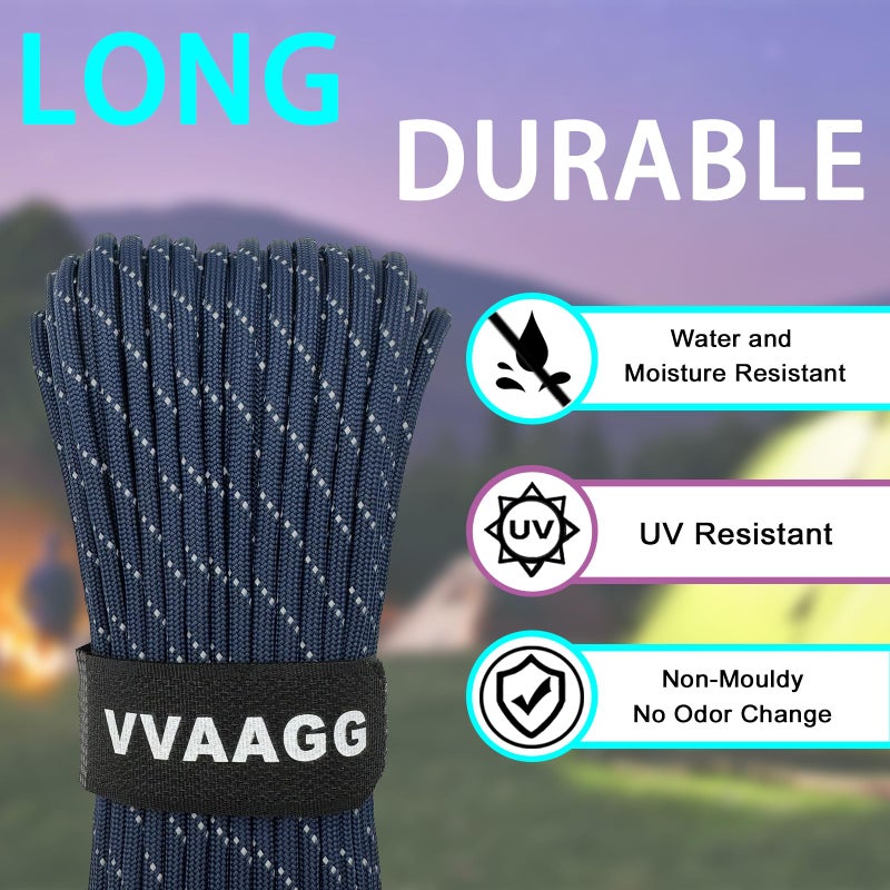 VVAAGG Reflective Paracord Rope 100FT, 7 Strand Nylon para Cord Lanyard Utility 550 Parachute Cord, 4mm Thin Tent Rope for Outdoor Camping Hiking (Navy Blue) - Image 2