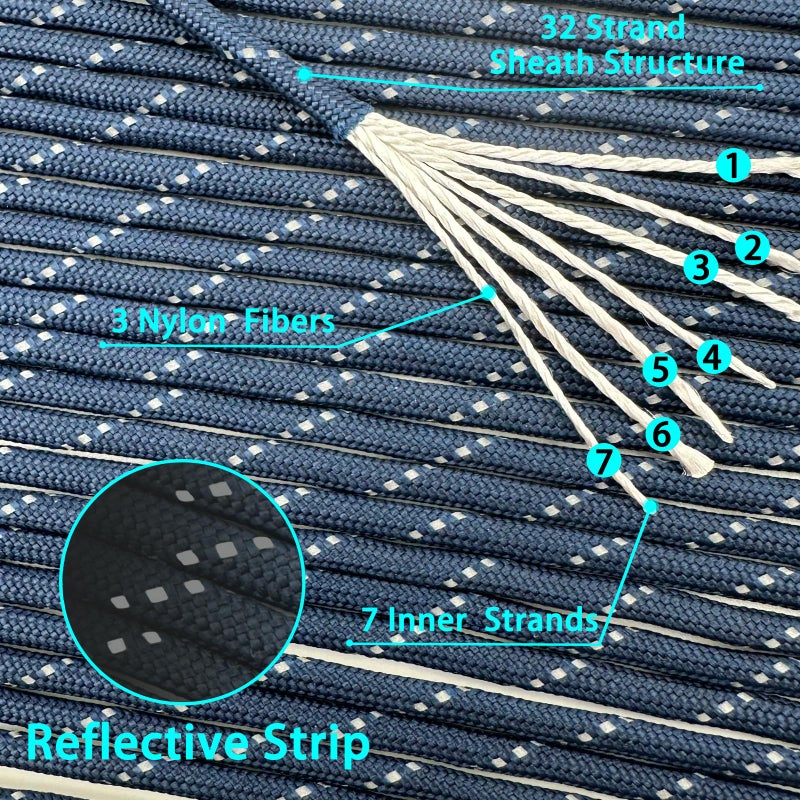 VVAAGG Reflective Paracord Rope 100FT, 7 Strand Nylon para Cord Lanyard Utility 550 Parachute Cord, 4mm Thin Tent Rope for Outdoor Camping Hiking (Navy Blue) - Image 3