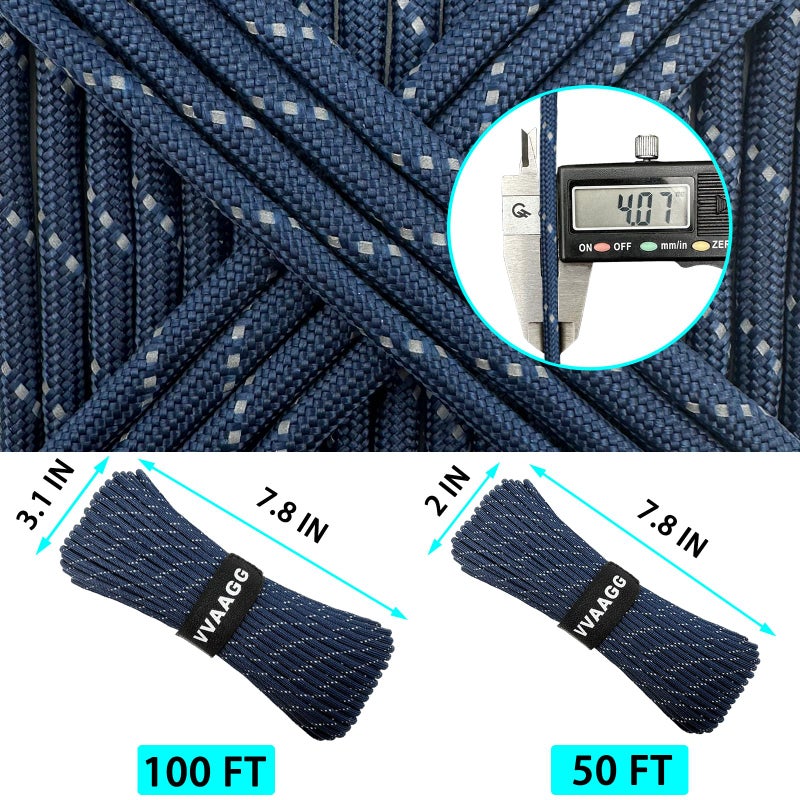 VVAAGG Reflective Paracord Rope 100FT, 7 Strand Nylon para Cord Lanyard Utility 550 Parachute Cord, 4mm Thin Tent Rope for Outdoor Camping Hiking (Navy Blue) - Image 4