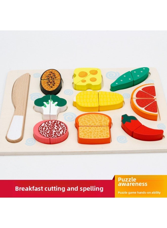 Children's Educational Wooden Magnetic Fruit Cutting Toy Fruit Vegetable Cutting Watching Playhouse Kitchen Toy Cutting-Color:The Breakfast Style Is Cut To See The Spelling.  - Image 1