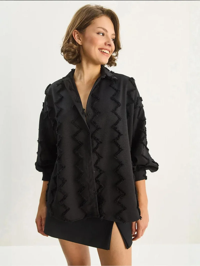 Bianco Lucci Black LUCCI Textured Oversized Button-Up Shirt for Women | Best Price UAE