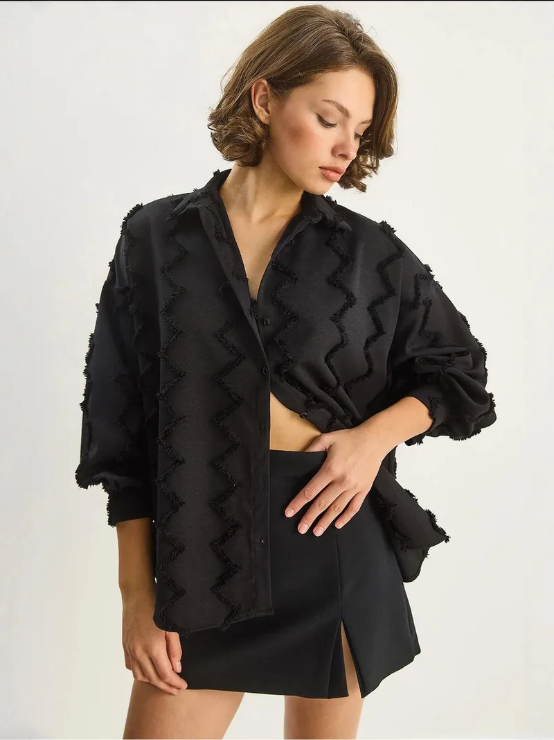 Bianco Lucci Black LUCCI Textured Oversized Button-Up Shirt for Women | Best Price UAE