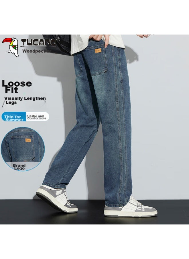 Tucano Tucano Men's Loose Straight-leg Jeans, Spring And Summer Korean-style Trendy Wide-leg Casual Pants, Vintage Blue, Size 30
