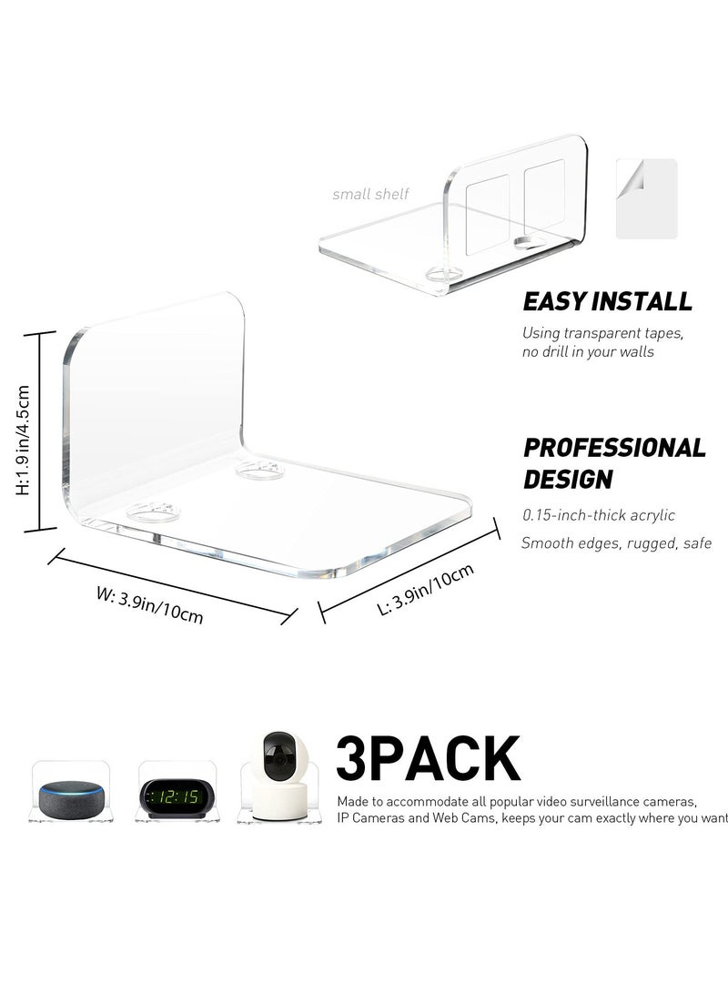 TLAXCA 3 قطع من أرفف الحائط العائمة من الأكريليك لكاميرات الأمان، وأجهزة مراقبة الأطفال، ومكبرات الصوت، ورف حائط صغير عالمي مع 6 قطع من مشابك الكابلات، و10 قطع من الأشرطة القوية، بدون مثقاب (شفاف) - Image 4