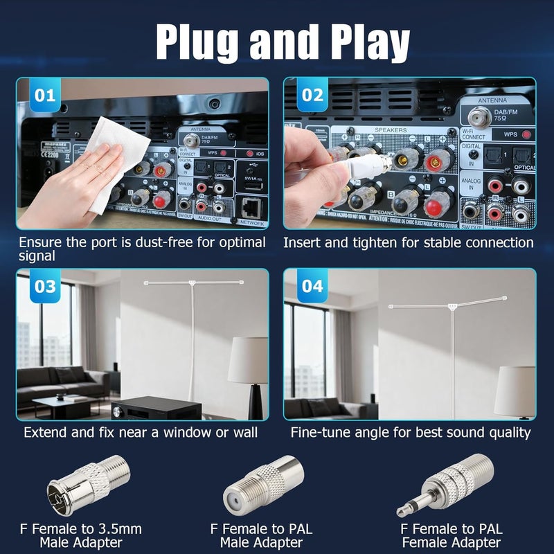 Ancable Indoor FM Radio Antenna for Stereo Receiver, F Type Male Dipole Stereo Antenna for Pioneer Onkyo Yamaha Marantz Bose Wave Table Top Radio HiFi AV Stereo Receiver Mini System FM 6-Feet - Image 2