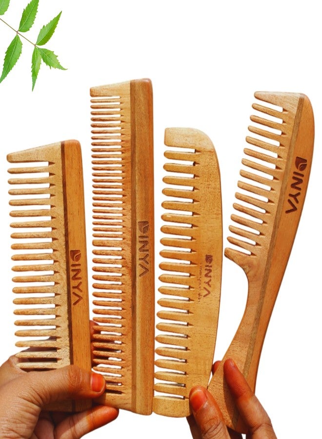 Dinya Wooden Comb Set for Curly Hair (4 Pieces) - Hair Friendly, Anti-Static, Wide Handle & Moon-Shaped Comb for Detangling, Styling & Scalp Massage | Pure Neem Combs - Image 1